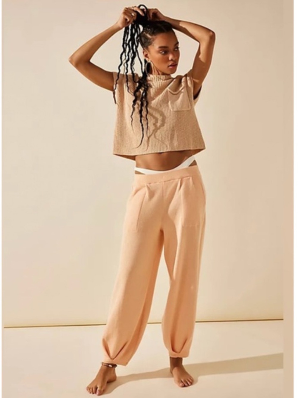 Free People Freya Tan Beige Cropped Cap Sleep Knit Sweater Size XS